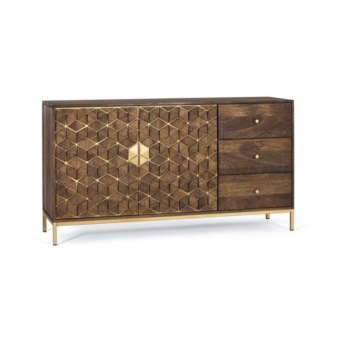 Buffet Bas - Giner y Colomer - Bois de Manguier - Détails Dorés - 3 Tiroirs - 2 Portes