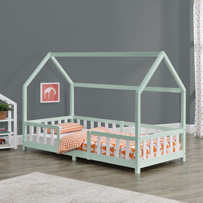 Lit d'Enfant Design Forme Maison Sisimiut Pin 200 x 90 cm Menthe Blanc Mat Laqu&eacute;