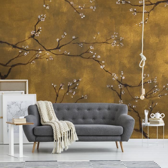 Papier peint panoramique intissé Cerisiers japonais 300 x 280cm Or