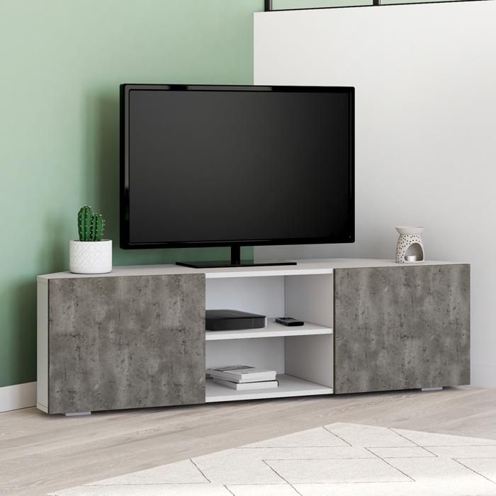 Meuble tv 110 cm finn blanc 2 portes façon hêtre Meuble tv 110 cm finn blanc 2 portes façon hêtre
