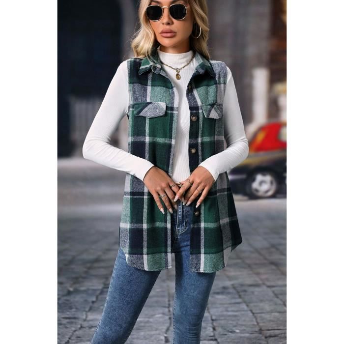 Gilet Femme Carreaux Sans Manches Automne Hiver INSFITY Regular Fit Confortable - Taille EU - Vert Vert - Prêt-à-Porter