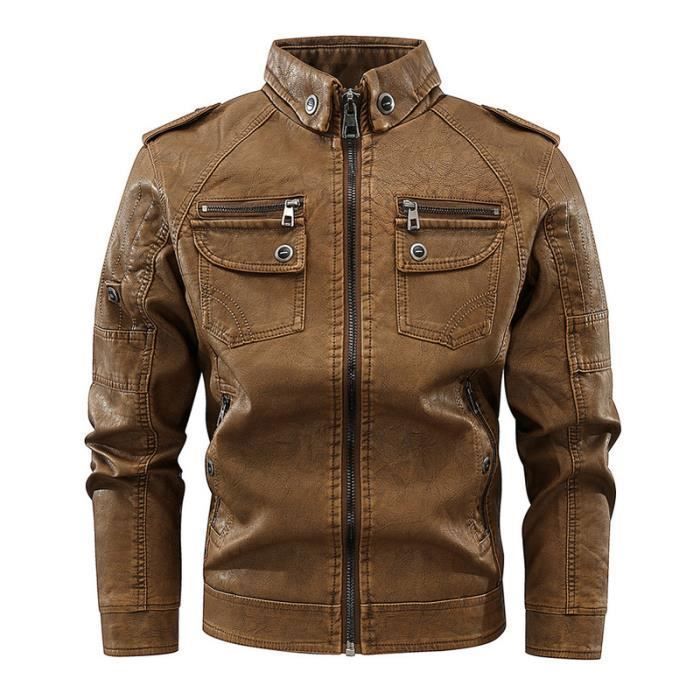 Blouson Homme en Cuir OEIN Marque Luxe Multi-Poche Chaud Doublure
