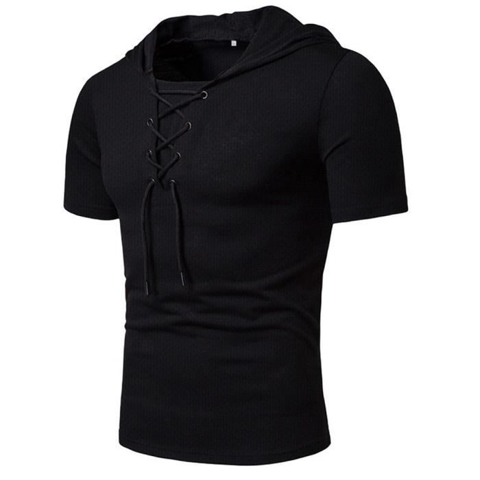 T shirt Hommes de Marque Luxe uni à capuche Tee shirt Grande VêTements Masculin Noir FBC128C2