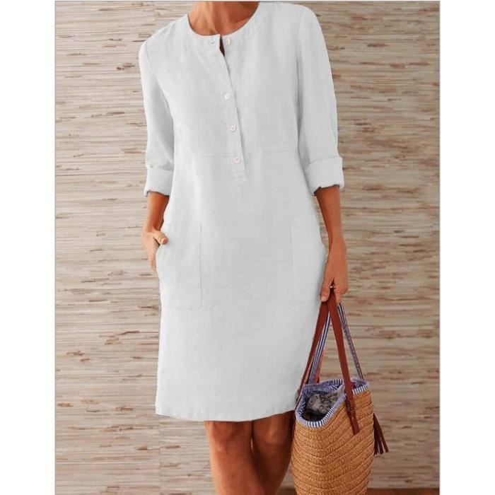 Robe d ete pour femme Longueur genoux En lin Avec col rond