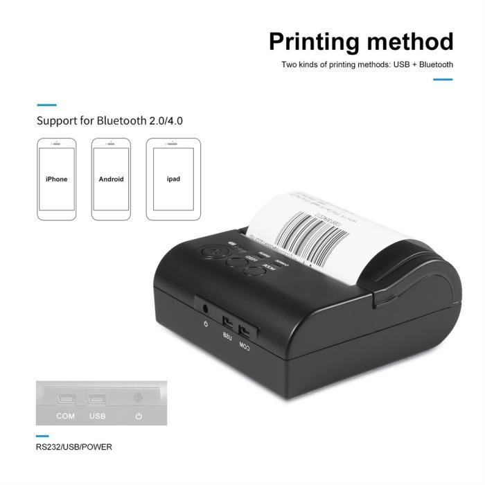 YHML Étiquette Imprimante Thermique 80Mm Dimprimante Bluetooth Mini Ticket Portable Petit Format pour Téléphones Android Ipad/iOS 
