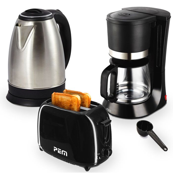 Pack Petit Déjeuner - PEM - CM-171 - Cafetière 680W 1,2L 10 tasses - Bouilloire - Grille Pain