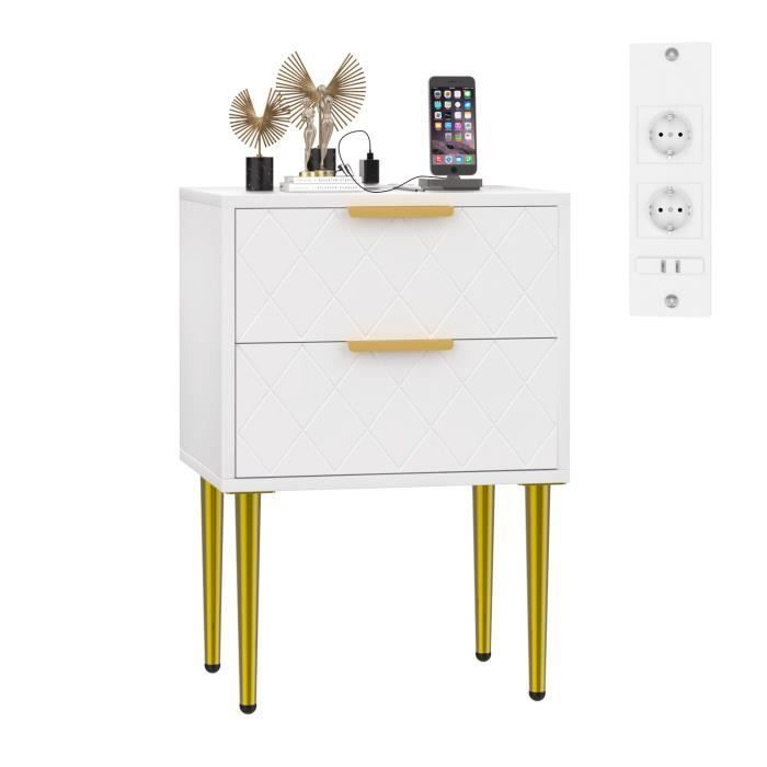 Table De Chevet Blanche Avec Roulettes Et Prise - 2 Tiroirs + étagère, Design Moderne, Pour Chambre Ou Salon