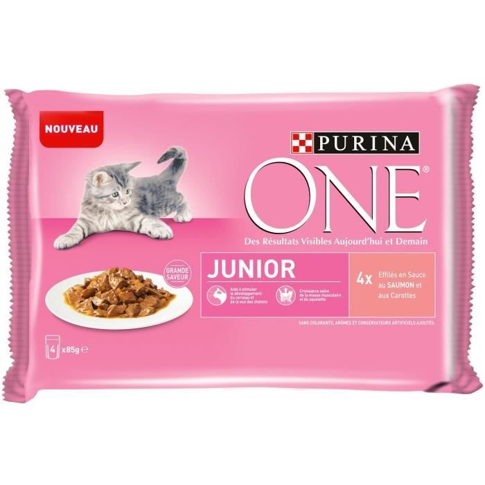 Comparer les prix de LOT DE 3 - PURINA ONE Junior Pâtée pour chat au saumon - 4 sachets de 85 g