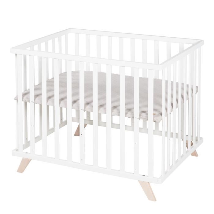 Parc Bébé Hexagonal Roba En Bois Avec Tapis Et Roues - Blanc, Réglable 3 Hauteurs Pour 0-24 Mois