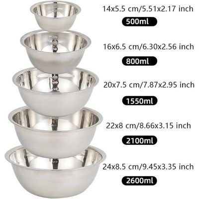 Lot De 5 Bols En Acier Inoxydable - 800ml à 4000ml - Saladiers Empilables - Pour Cuisine, Préparation, Service
