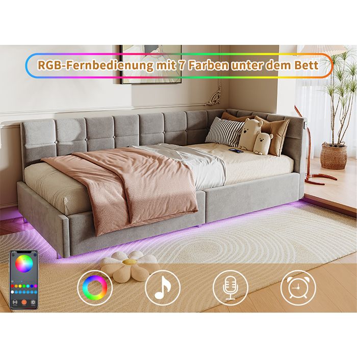 Canapé-lit gigogne 90x200 cm pin blanc avec bande LED réglable, étagère et port USB - Lit simple Idéal studio (sans matelas