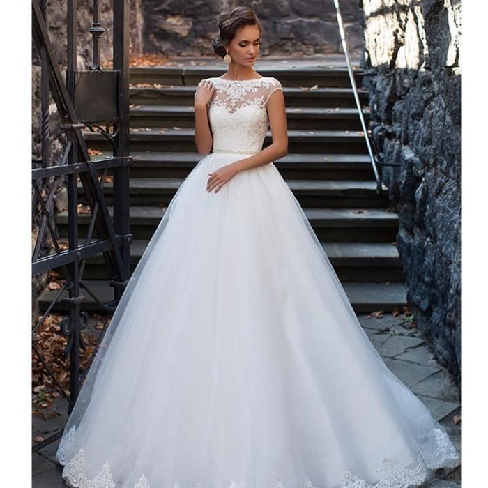 GRMTCOLT Elegante Dentelle Appliques Nu Dos Ceinture De Strass Robe De Mariee Avec Train Pure blanc Cdiscount Pret a Porter