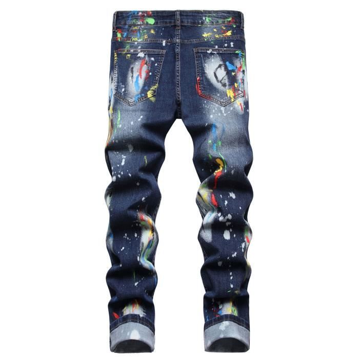 Jean Homme Coupe droite Casual Stretch Taille standard Effect delave Abrasion Imprime