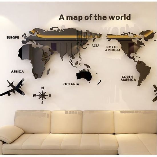 Diy 3d Carte Du Monde Sticker Mural Acrylique Decoration Murale Pour Maison M Noir Achat Vente Stickers Cdiscount
