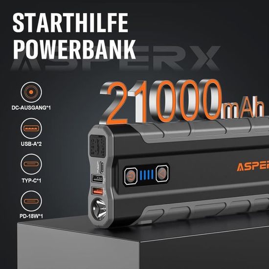 ASPERX Booster Batterie 2500A 21000mAh 12V Démarreur Batterie Voiture  Portable Jump Starter(Jusqu'à 10.0L Essence ou 7.3L Gazole) avec Lampe LED,  18W