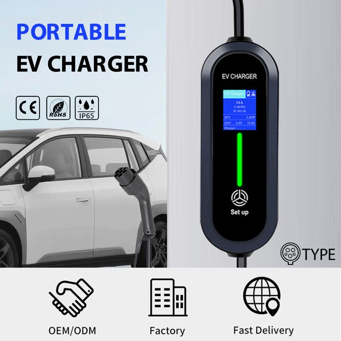 Chargeur Voiture Électrique Portable 7,2 KW Type 2 – 6-32A Réglable, Écran Numérique, Câble 5m + Prise CEE