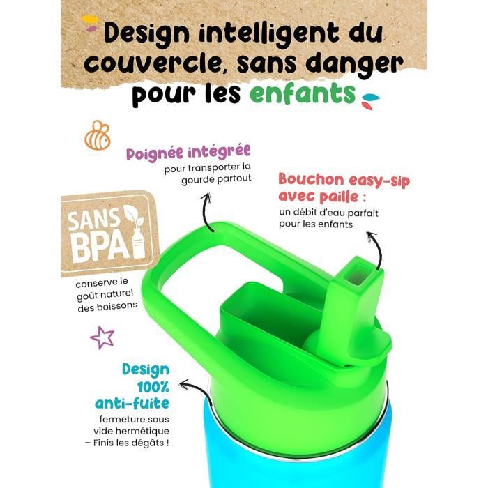 Hawthyhome Gourde Isotherme Enfant 360 Ml Acier Inoxydable Avec Paille - Anti-Fuite Bleu