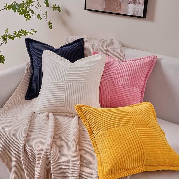 Lot De 2 Housses De Coussin Velours Côtelé 45x45cm - Rayures Jaune Moutarde, Fermeture Invisible, Décor Salon