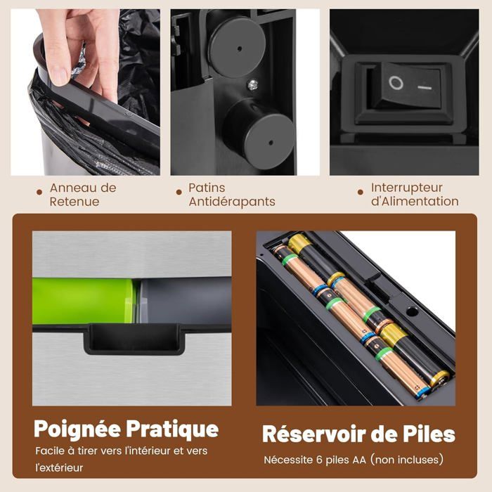 Poubelle Intelligente GOPLUS 72L – Sans Contact, Capteur Infrarouge, Tri Des Déchets, Acier Inoxydable