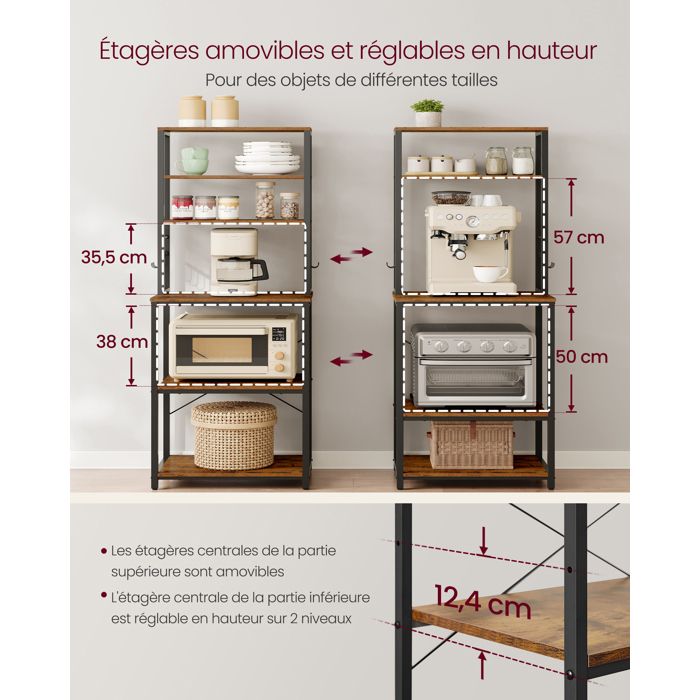 Étagère De Cuisine VASAGLE Avec LED Et Multiprise - Meuble Micro-Ondes 40x80x168 Cm Marron/Noir - Étagères Réglables 8 Crochets - Charge Max 190 Kg - 9