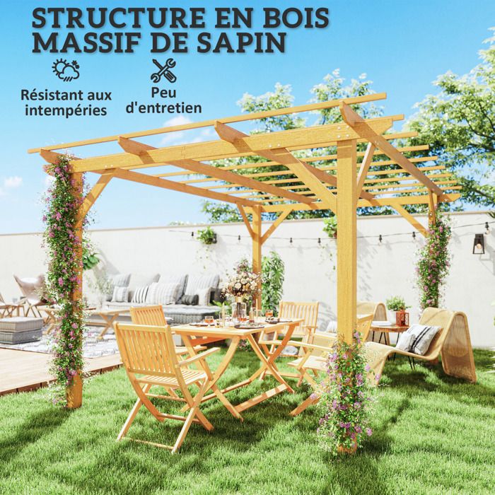 Outsunny Pergola Jardin Extérieur 3,3 X 3,8 M Pergola En Bois Pour Plantes Grimpantes, Vignes Et Fleurs, Tonnelle De Jardin, Terrasse, Patio, Rouge
