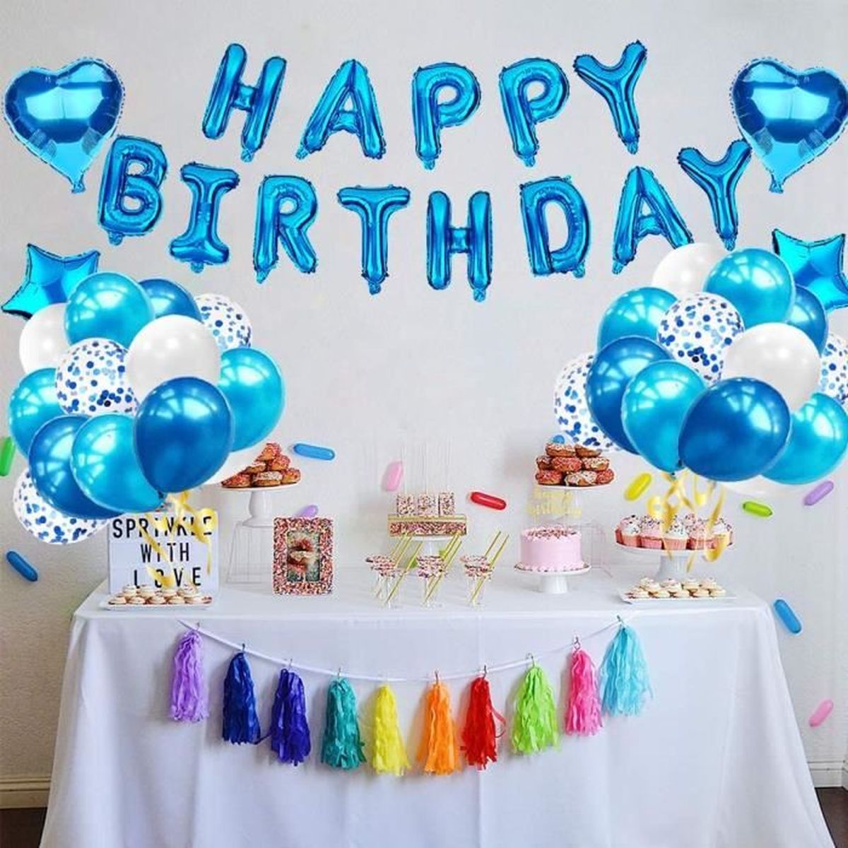 Kit Decoration Ballon Anniversaire Bleu Homme Garcon Guirlande Happy Birthday Nappe Bleu Rideau A Franges 24 Ballons Confettis 4 B Cdiscount Au Quotidien