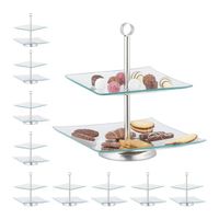 10 x Etagere, 2 stöckig, eckig, Cupcake, Kekse, Obst, Muffin, Servierständer, Glas, Edelstahl, silber/transparent