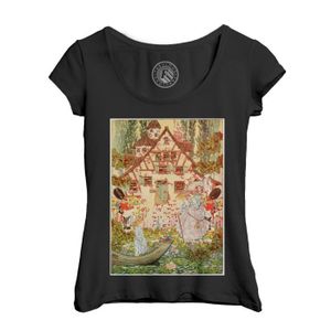 T-SHIRT T-shirt Femme Col Echancré Noir La Reine Des Neiges Les Contes d'Andersen Illustration Ancienne