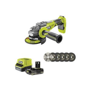 MEULEUSE Pack RYOBI Meuleuse d'angle brushless R18AG7-0 - 18V One+ - 1 batterie 2.0Ah - 1 chargeur rapide RC18120-120 - Kit 6 disque 125 mm
