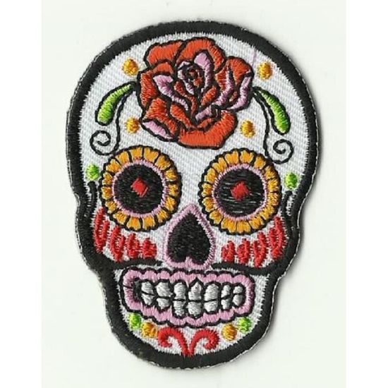 PETIT ECUSSON PATCH THERMOCOLLANT GIRL SKULL BLANC MEXICAN TATTOO 5,6 X 4 CMS 