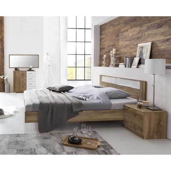 Chambre à coucher en panneaux de particules imitation chêne poutre-blanc-chrome - Dim: 180 x 200 cm