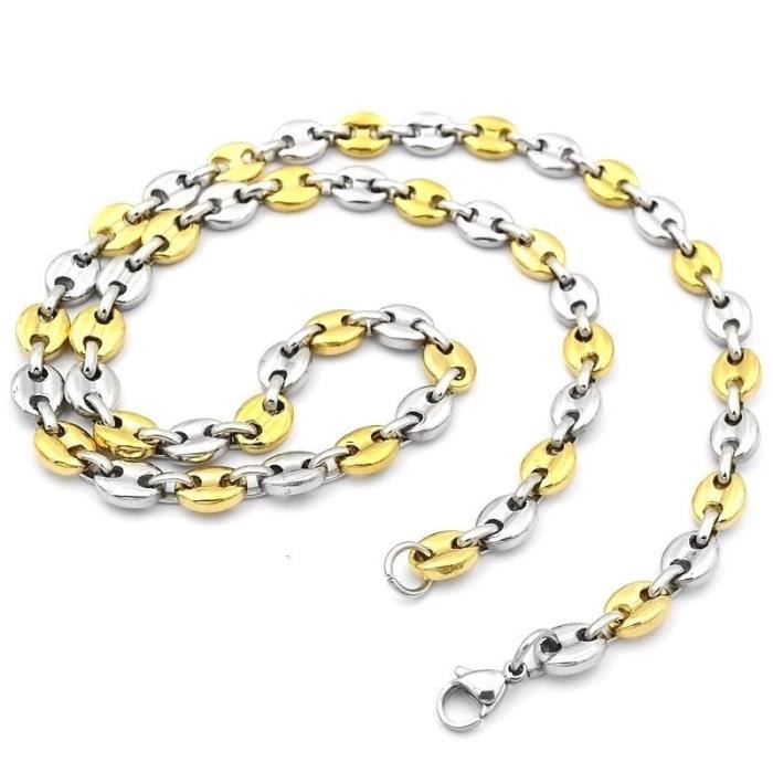 Chaine collier homme maille grains de café acier doré 60cm 6mm pas cher