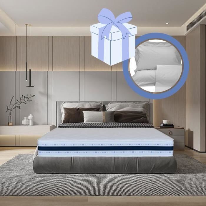 DELUXE Matelas 140x190H20 Mousse + Parure de Draps et taies d'oreillers ERGOsum - Ergonomique - Soutien Ferme - BATFLEX