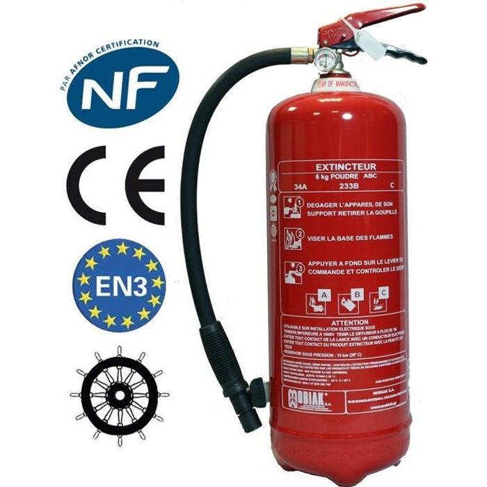 Extincteur 6 Kg poudre NF + support fixation + Panneau signalétique Ref: 005743