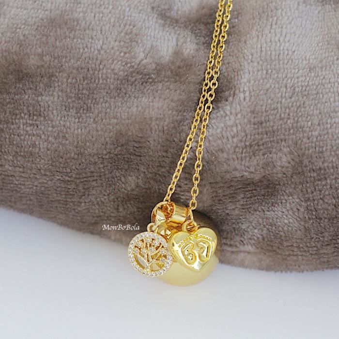 bola de grossesse gémellaire lisse or breloques coeur petit pieds et arbre de vie zircon or, chaîne acier inoxydable or. monbobola