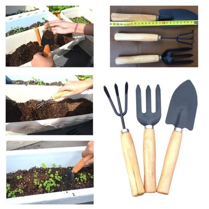 3pcs Set Pelle Râteau manche en bois tête en métal pour enfants Mini outil Outils de jardin T05383