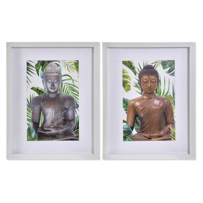 TABLEAU BOUDDHA Lot de 2 Cadre Blanc ZEN et feuillage Vert Frais de 45x35x2cm