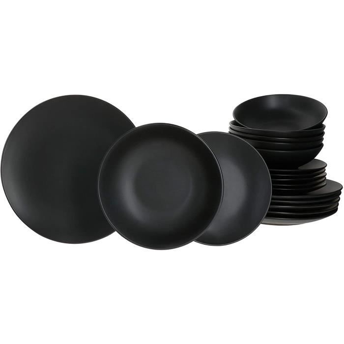 Lampart Nero 18 pièces. Service de 18 assiettes noires pour 6 personnes – Style ethnique moderne – Assiettes en grès noir mat – Assi