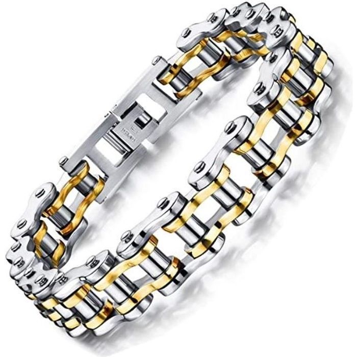 Bracelet Gourmette Acier Inoxydable et titane Bijoux Homme chaine maillon vélo moto motard robuste / Argent-doré / cadeau