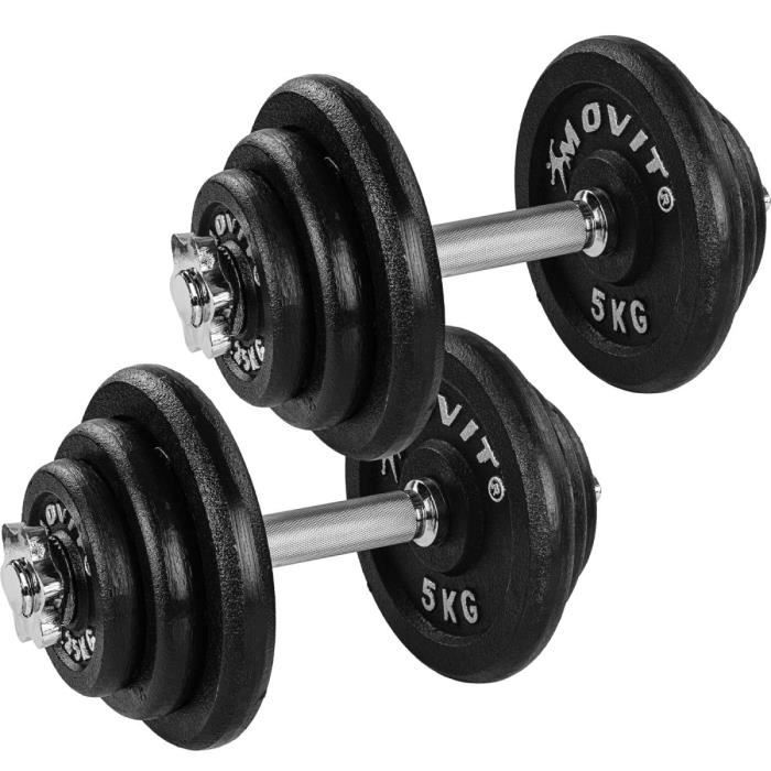 MOVIT 2x Haltères courts de 20 kg en fonte (4x5 kg + 4 x 2,5kg + 4x 1,25 kg)