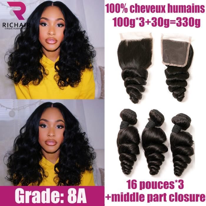 3 tissage bresilien boucle cheveux naturel human hair 16 pouces + CLOSURE 16- loose wave RICHAIR
