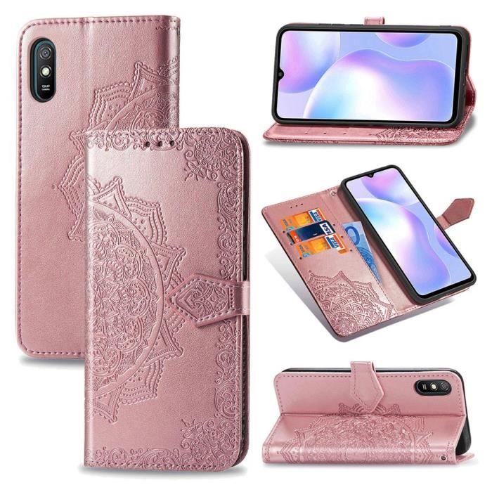 Étui Xiaomi Redmi 9A, Coque Mandala Portefeuille Porte-Cartes Cuir Support Housse Protection, Or Rose