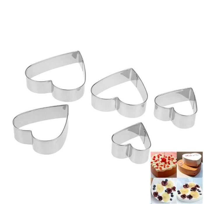 Lot de 5 moules à gâteaux emporte-pièces pour décoration de gâteaux et biscuits, Acier inoxydable, Heart Shape, As