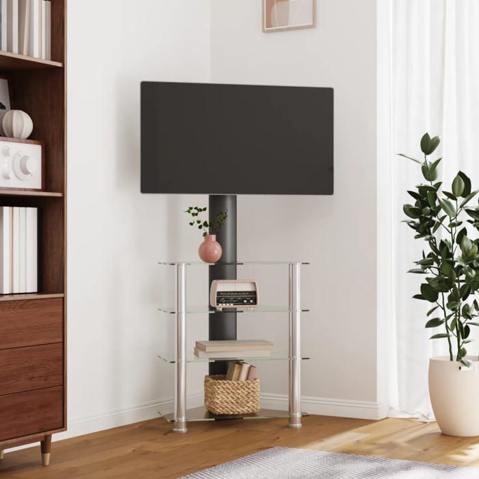 chic armoire télévision moderne meuble tv d'angle 4 niveaux pour 32-70 pouces noir et argenté fr15742