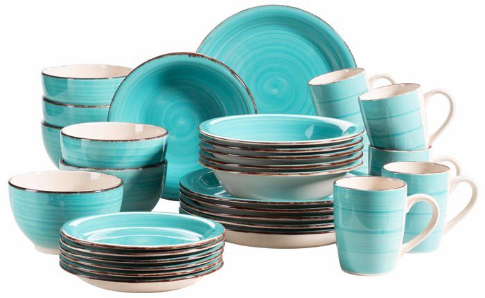 MÄser - 931614 - MASER Bel Tempo II Lot de 30 vaisselle vintage pour 6 personnes en ceramique peinte a la main Turquoise