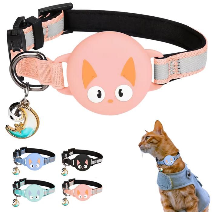 Collier Chat Airtag avec Accessoire Compatible avec Apple Airtag, Réfléchissant, Anti-Étranglement, Réglable - Rose