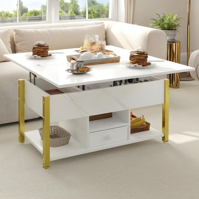 Balconera Table Basse Réglable Extensible - Plateau relevable + 2 Tiroirs Compartiment Caché 90 x 48 x 47 cm - Blanc