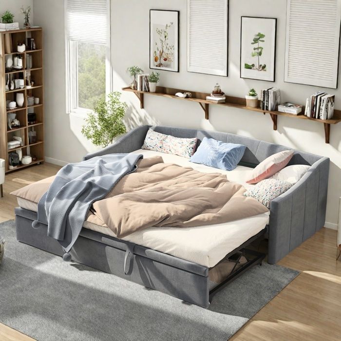Lit rembourré 90×200 cmCanapé-lit extensible 90/180×200cm avec sommiers à latteslit multifonctionnel en tissu veloursgris