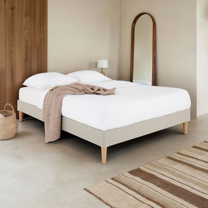 Sommier tapissier VANNES 120 x 190 cm structure en bois et revêtement en tissu beige cadre de lit avec pieds et sommier