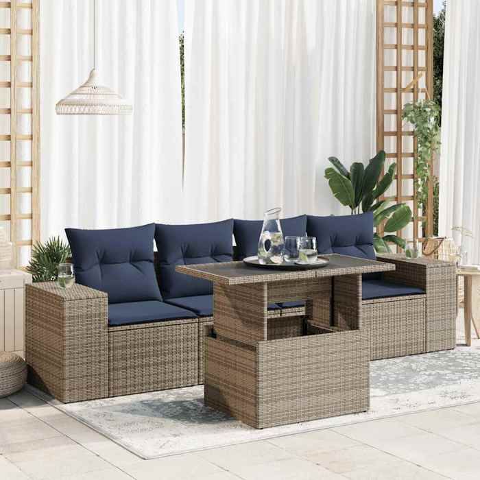 vidaXL Salon de jardin 5 pcs avec coussins gris résine tressée acacia 3326722